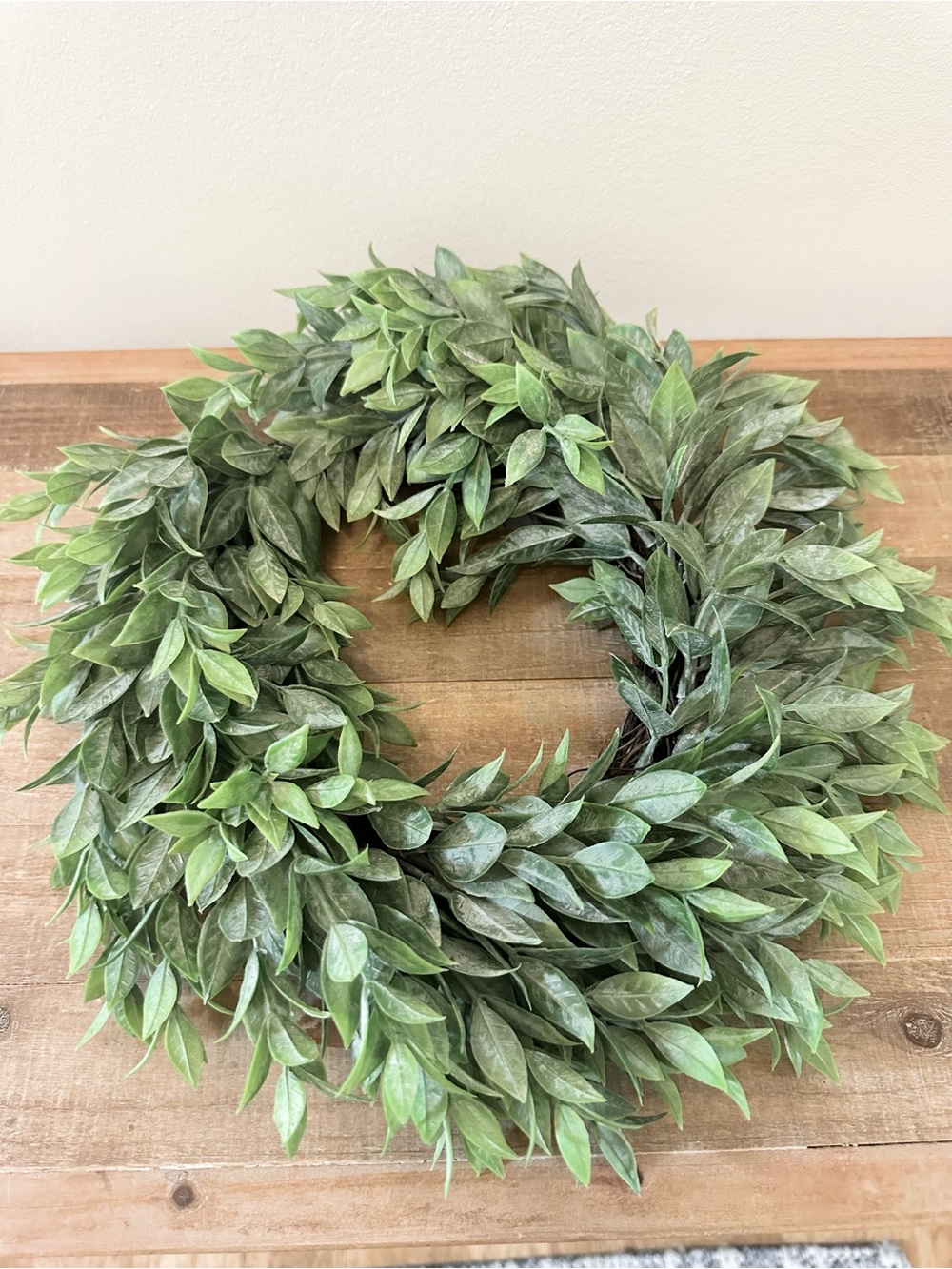 Lush Artificial Ruscus Rainwashed Green Leaf Wreath Candle Ring Home Holiday 13” - Picture 3 of 10